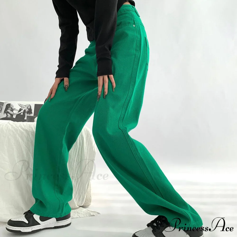 Green Baggy Waist Wide Leg Jeans Straight Denim Pants - Image 3