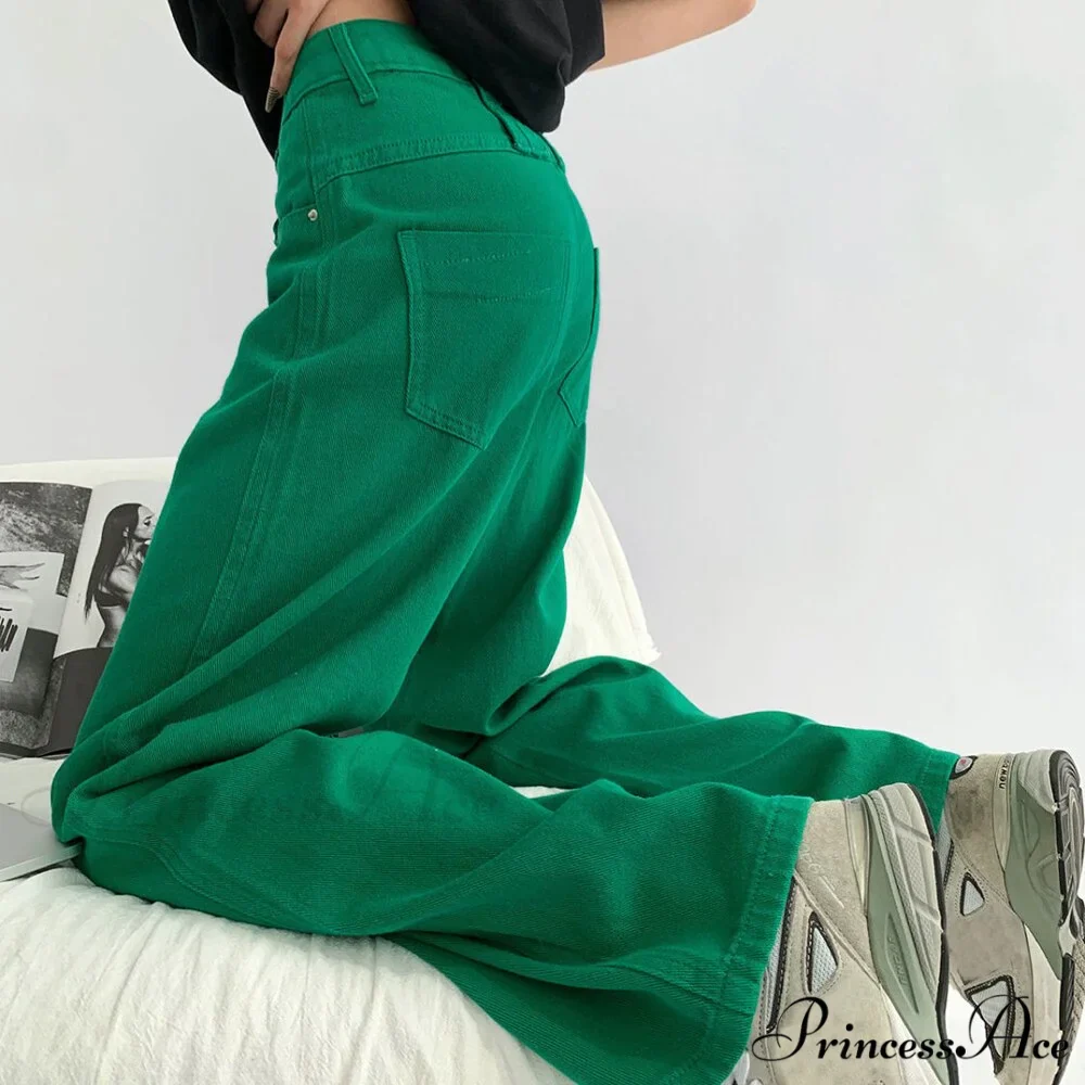 Green Baggy Waist Wide Leg Jeans Straight Denim Pants - Image 4
