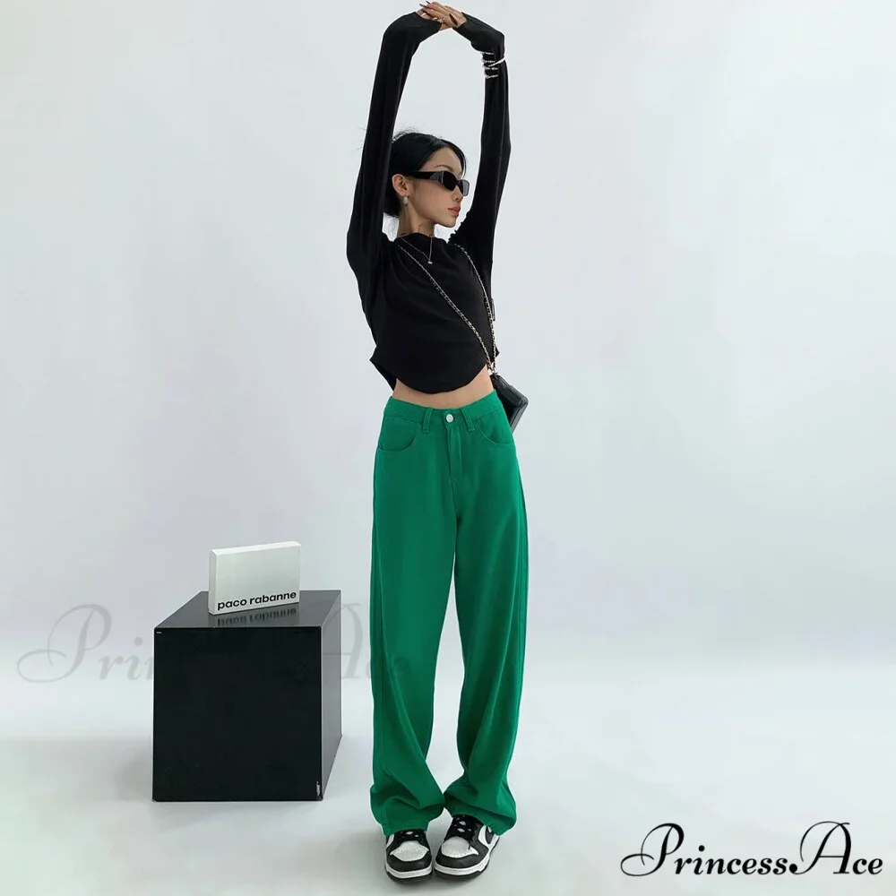Green Baggy Waist Wide Leg Jeans Straight Denim Pants - Image 5