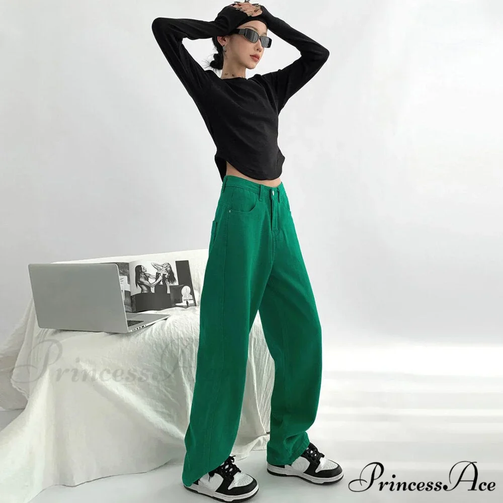 Green Baggy Waist Wide Leg Jeans Straight Denim Pants - Image 6