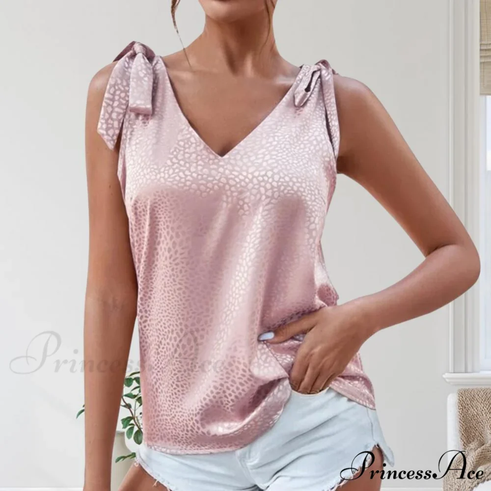Solid Color V Neck Sleeveless Bow Tie Strap Lacing Blouse - Image 3
