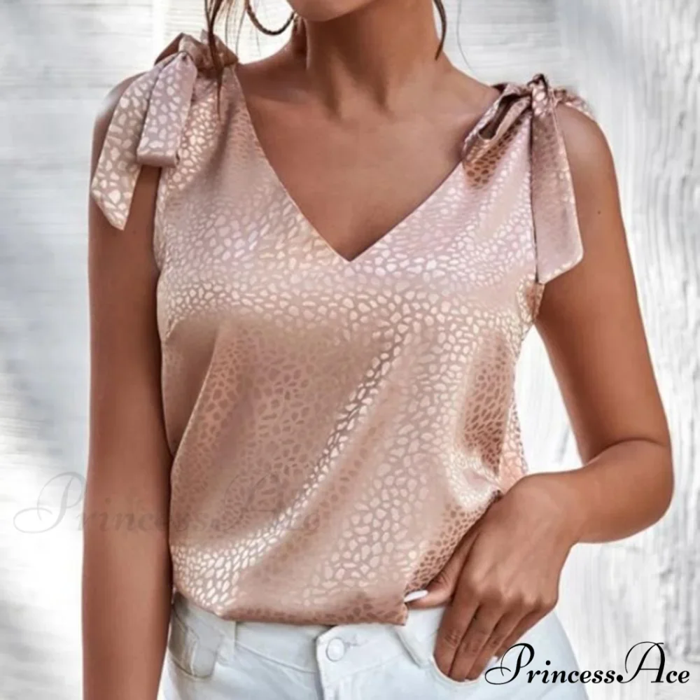 Solid Color V Neck Sleeveless Bow Tie Strap Lacing Blouse - Image 4