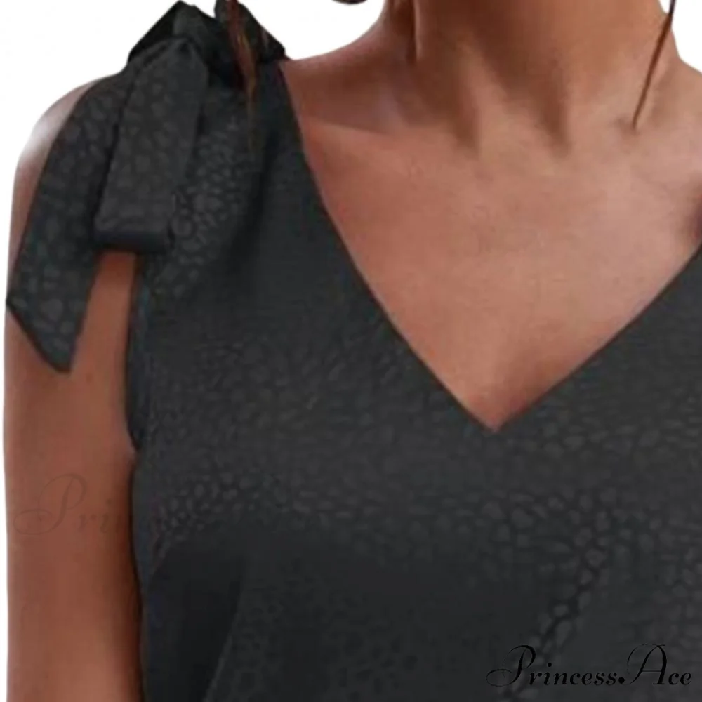 Solid Color V Neck Sleeveless Bow Tie Strap Lacing Blouse - Image 5