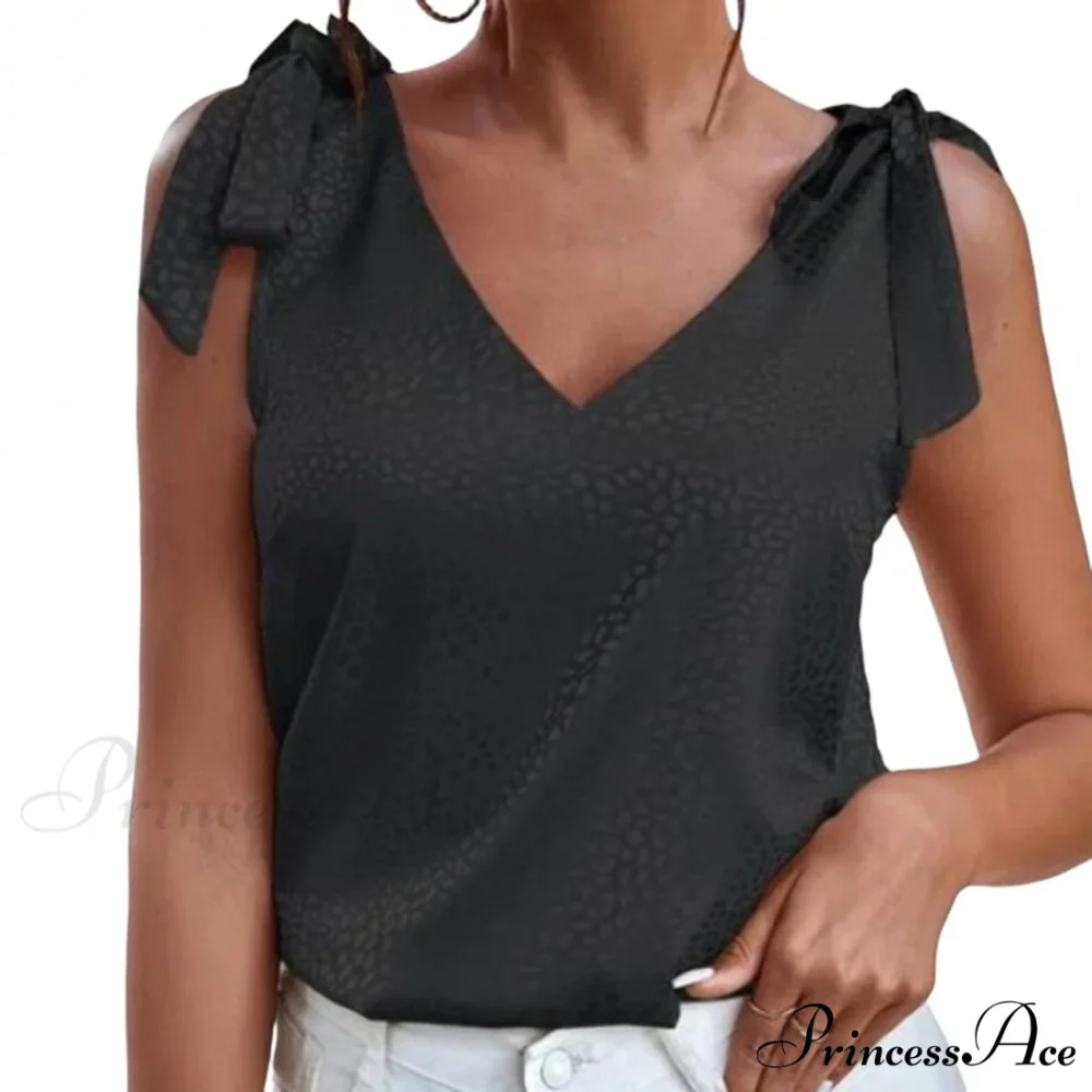 Solid Color V Neck Sleeveless Bow Tie Strap Lacing Blouse - Image 8