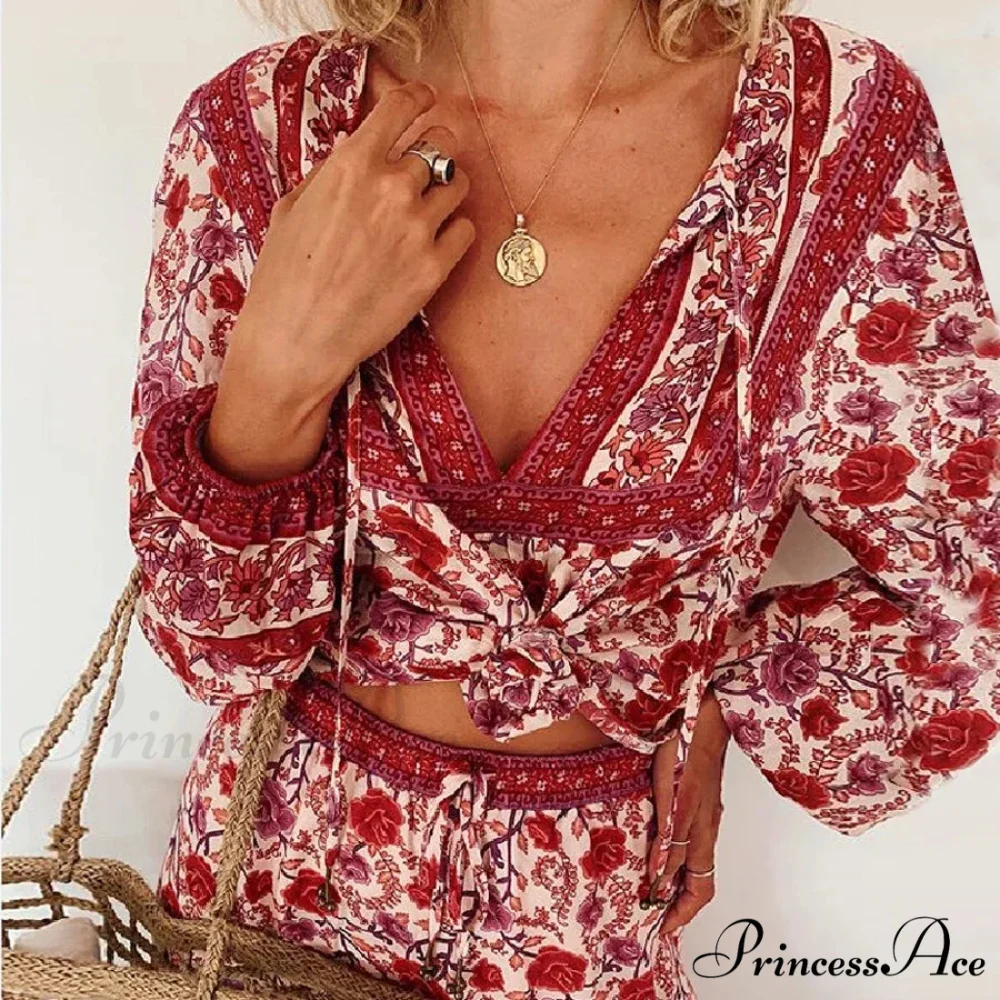 Cotton Crimson Floral Print Lantern Sleeve Boho Top - Image 2