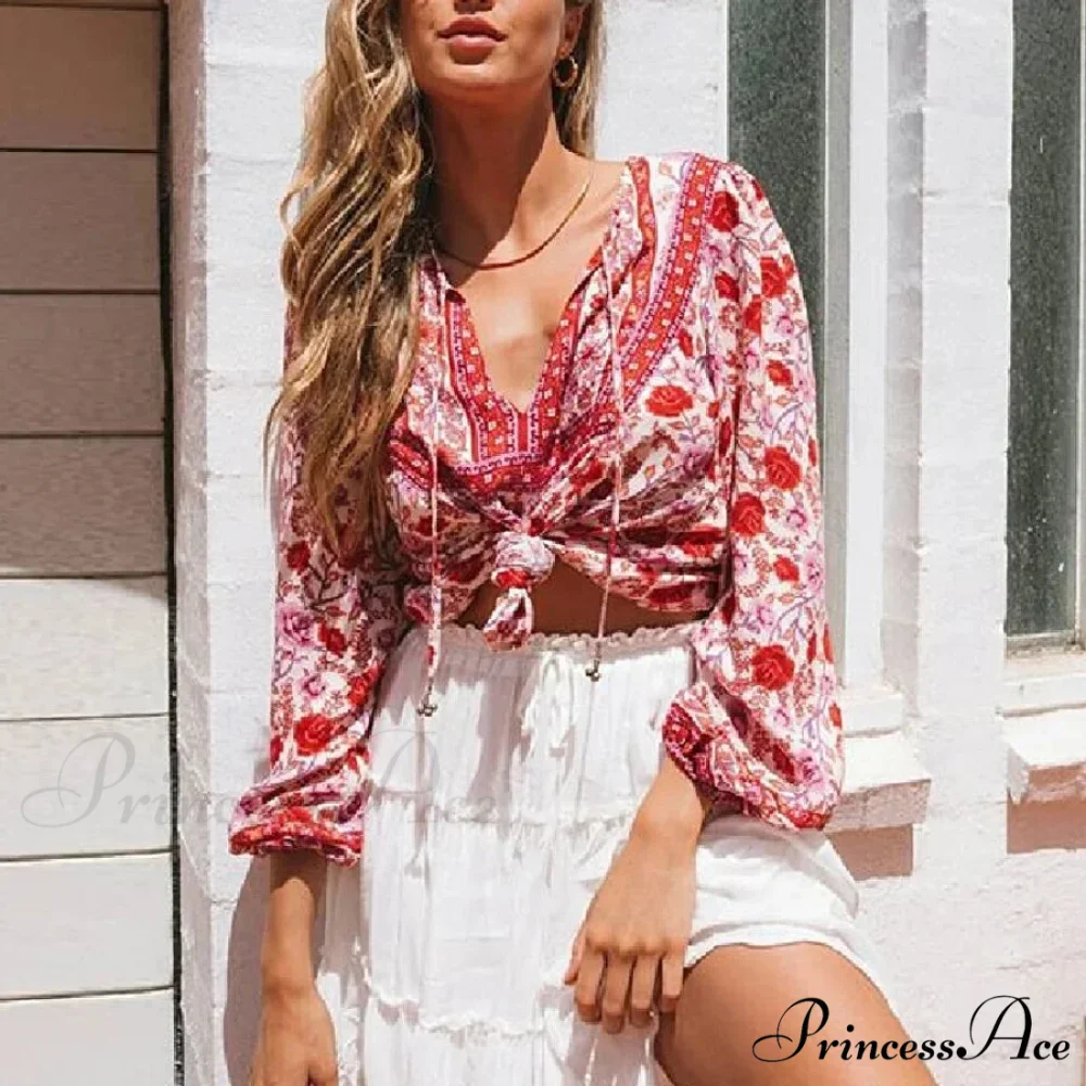 Cotton Crimson Floral Print Lantern Sleeve Boho Top - Image 4