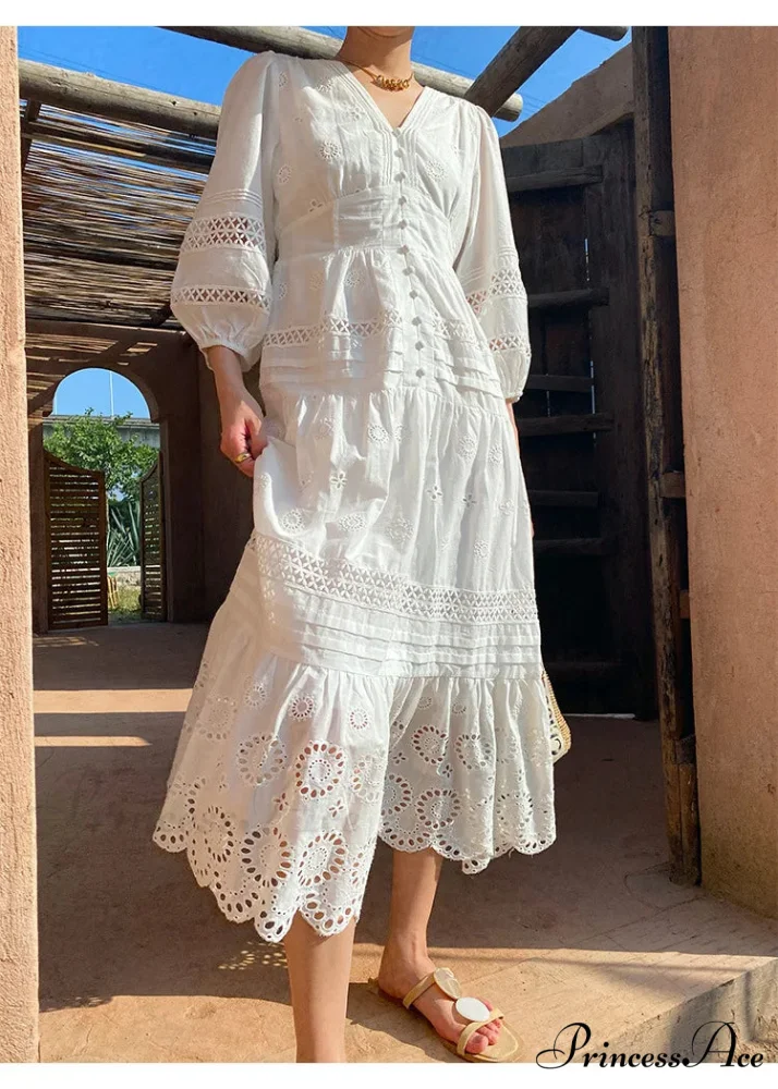Cotton Flower V-neck Trim Summer Boho Dress - Image 2