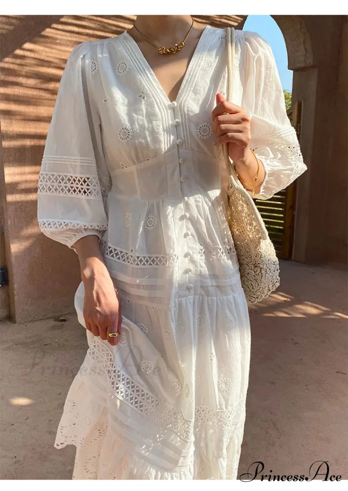 Cotton Flower V-neck Trim Summer Boho Dress - Image 3