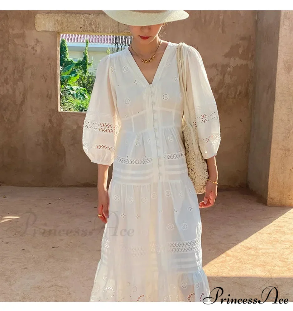 Cotton Flower V-neck Trim Summer Boho Dress - Image 4
