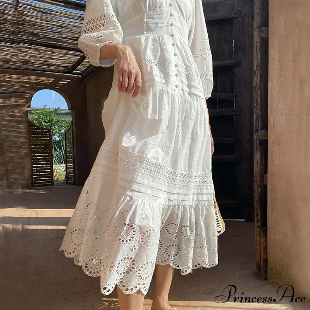 Cotton Flower V-neck Trim Summer Boho Dress - Image 5