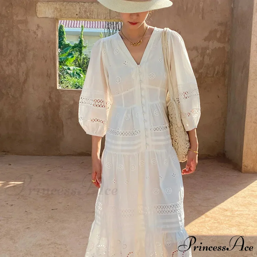 Cotton Flower V-neck Trim Summer Boho Dress - Image 6