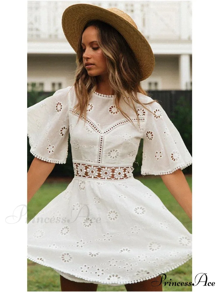 Cotton Half Sleeve Seductive Backless Hollow Out Mini Boho Dress - Image 2