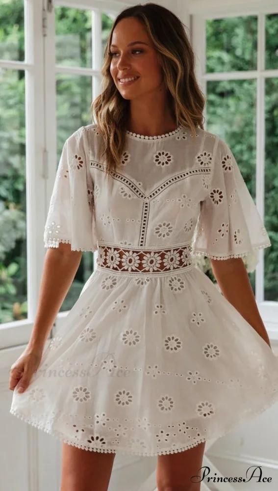 Cotton Half Sleeve Seductive Backless Hollow Out Mini Boho Dress - Image 3