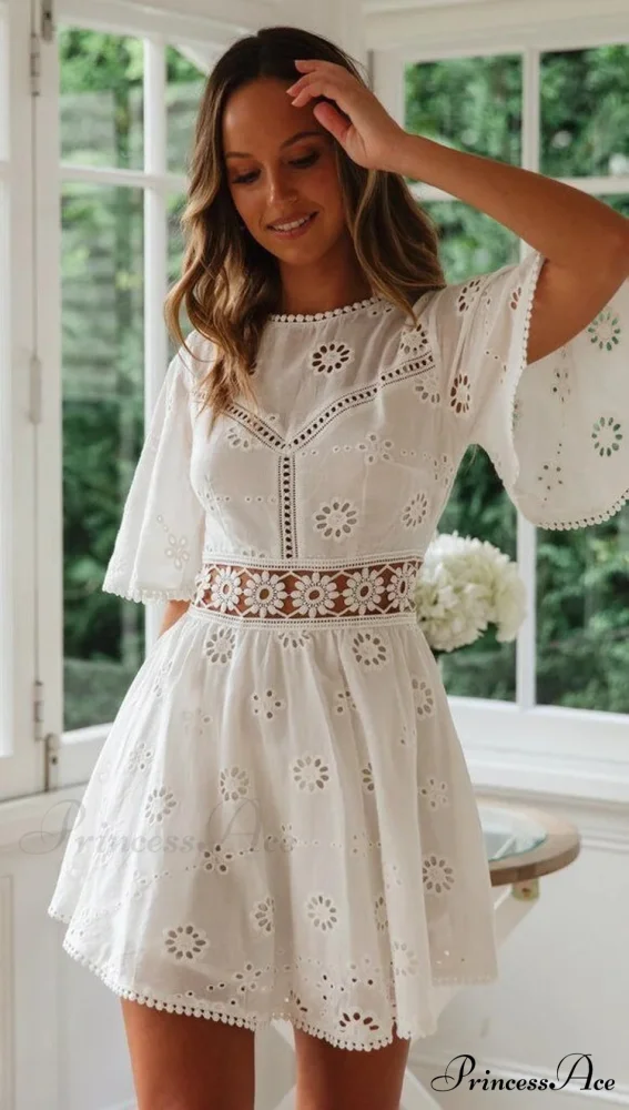 Cotton Half Sleeve Seductive Backless Hollow Out Mini Boho Dress - Image 4