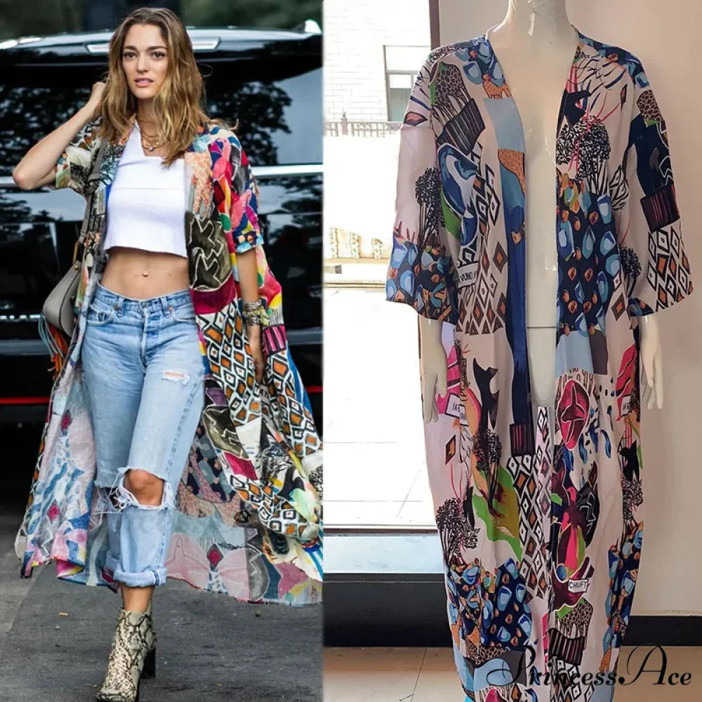 Cotton Kimono Flower Printed Bohemian Beach Cover Up - Image 10