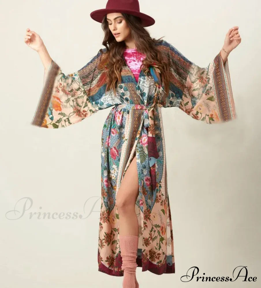 Cotton Kimono Flower Printed Bohemian Beach Cover Up - Image 2