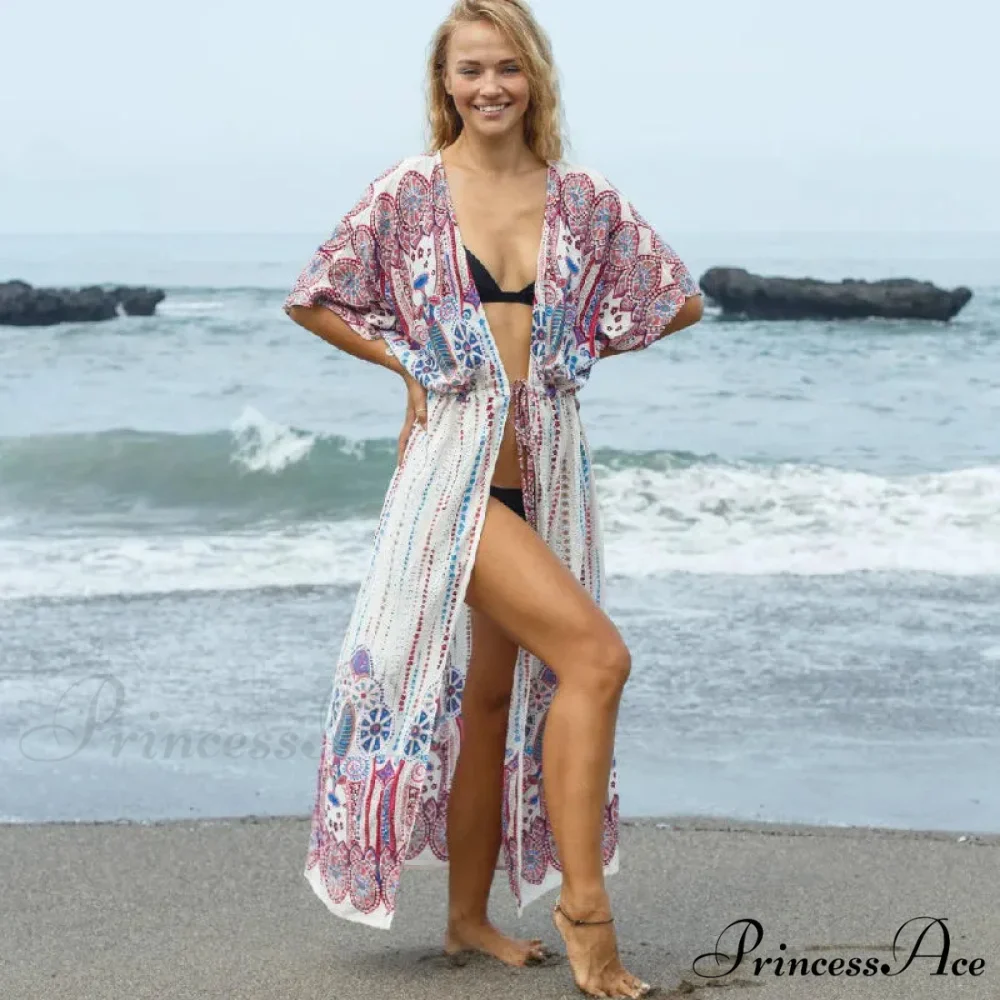 Cotton Kimono Flower Printed Bohemian Beach Cover Up - Image 3