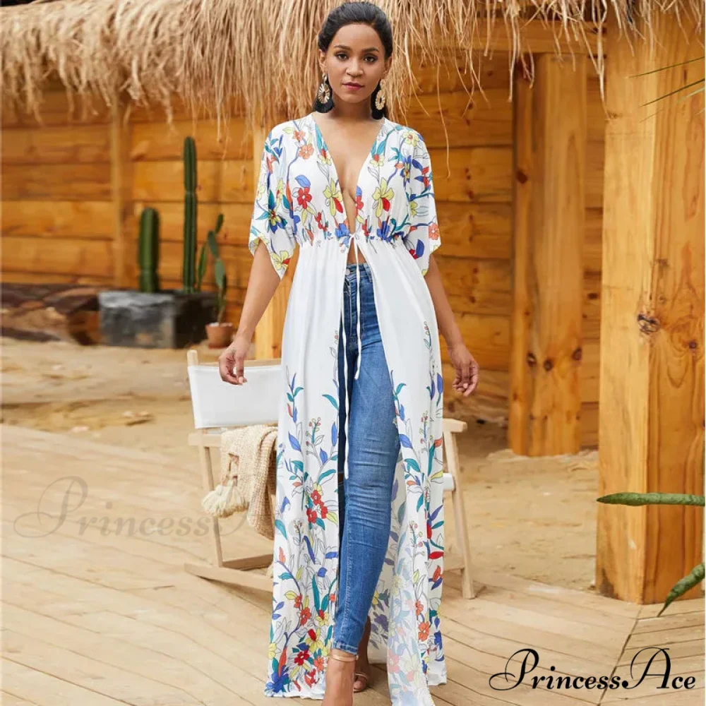 Cotton Kimono Flower Printed Bohemian Beach Cover Up - Image 6
