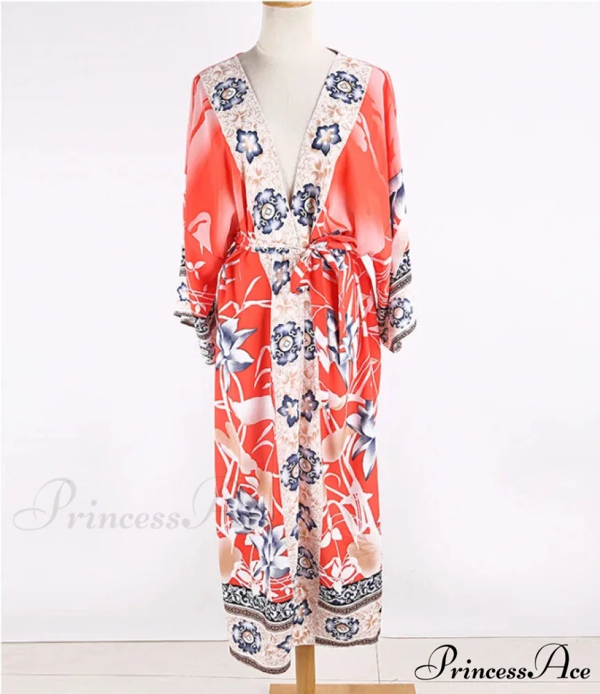 Cotton Kimono Flower Printed Bohemian Beach Cover Up - Image 7