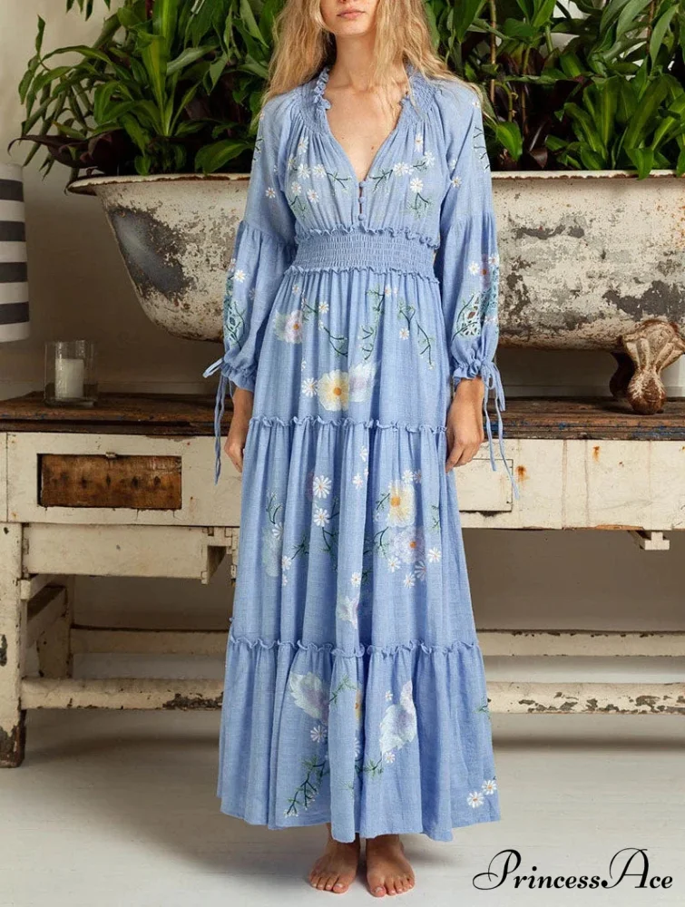 Cotton Rayon Azure Floral Embroidery Bohemian Dress - Image 2