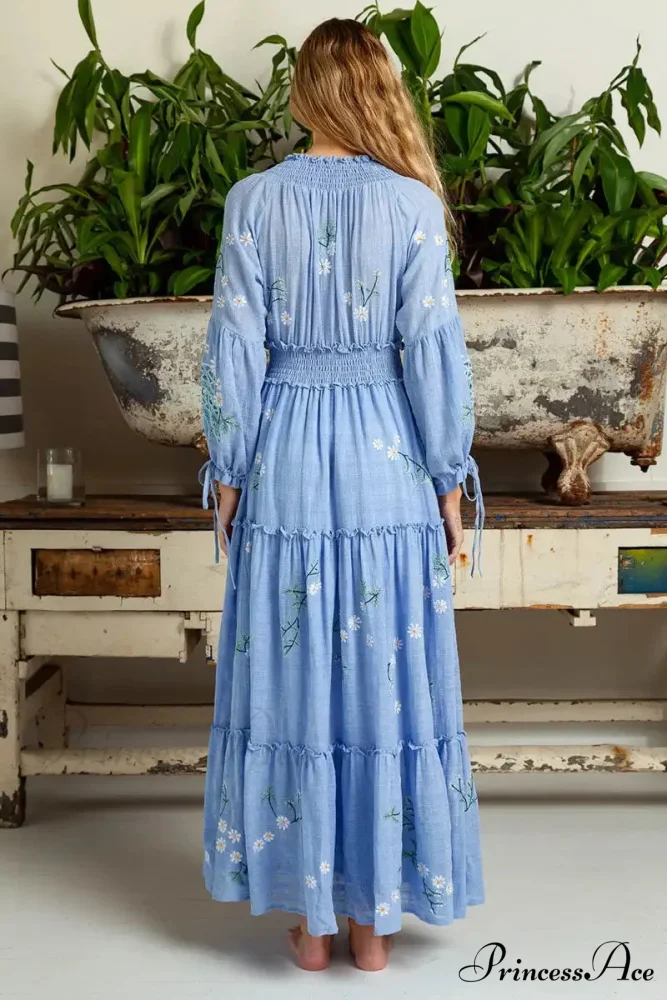 Cotton Rayon Azure Floral Embroidery Bohemian Dress - Image 3