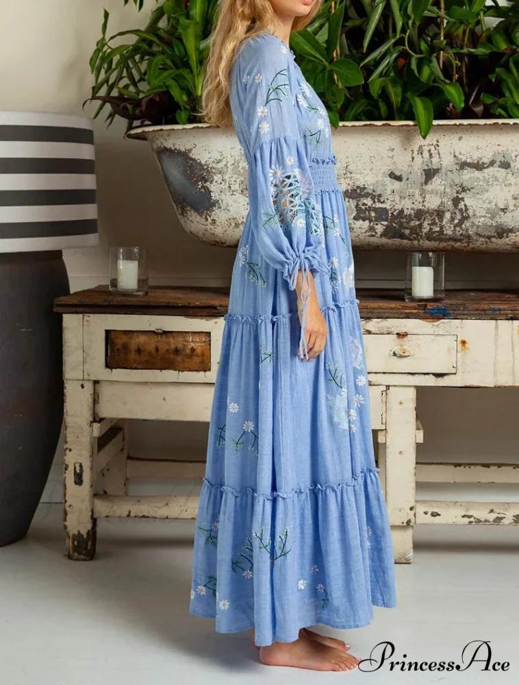 Cotton Rayon Azure Floral Embroidery Bohemian Dress - Image 4