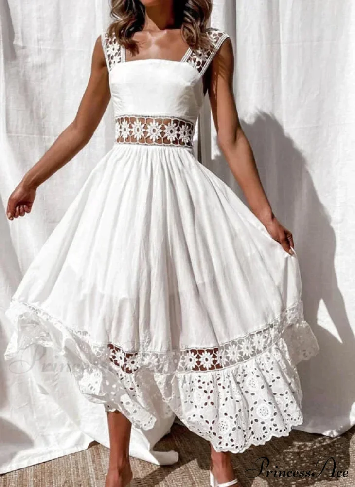 Cotton Sleeveless White Hollow Out Maxi Boho Sundress - Image 2