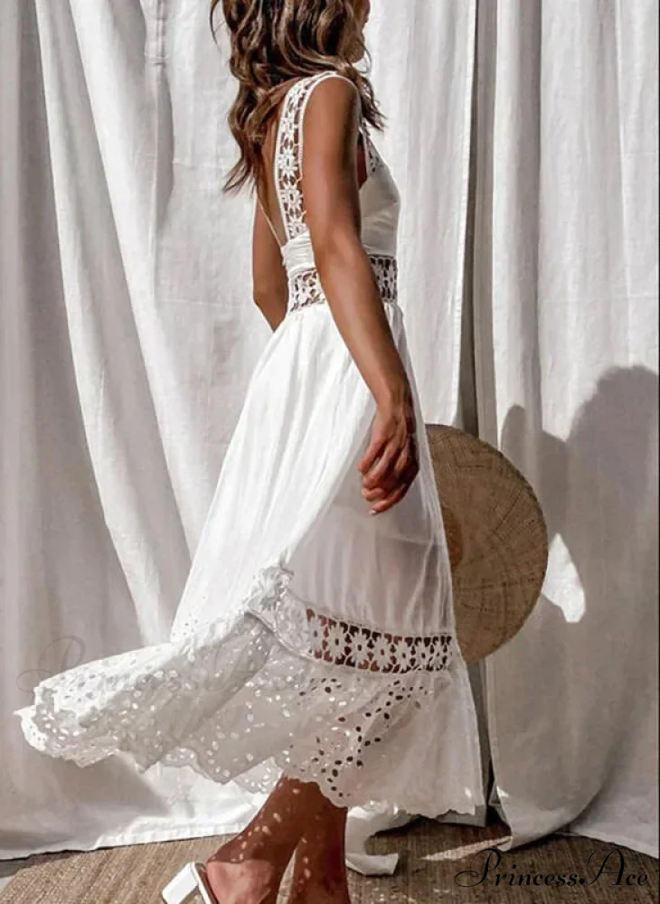 Cotton Sleeveless White Hollow Out Maxi Boho Sundress - Image 3