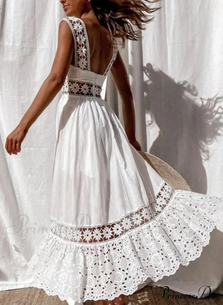 Cotton Sleeveless White Hollow Out Maxi Boho Sundress - Image 4