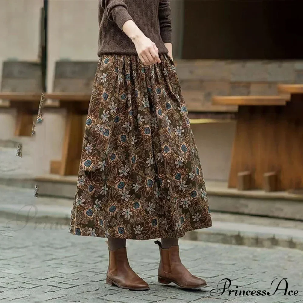 Cotton Vintage Printed Mid-Long Flowy Skirt - Image 2