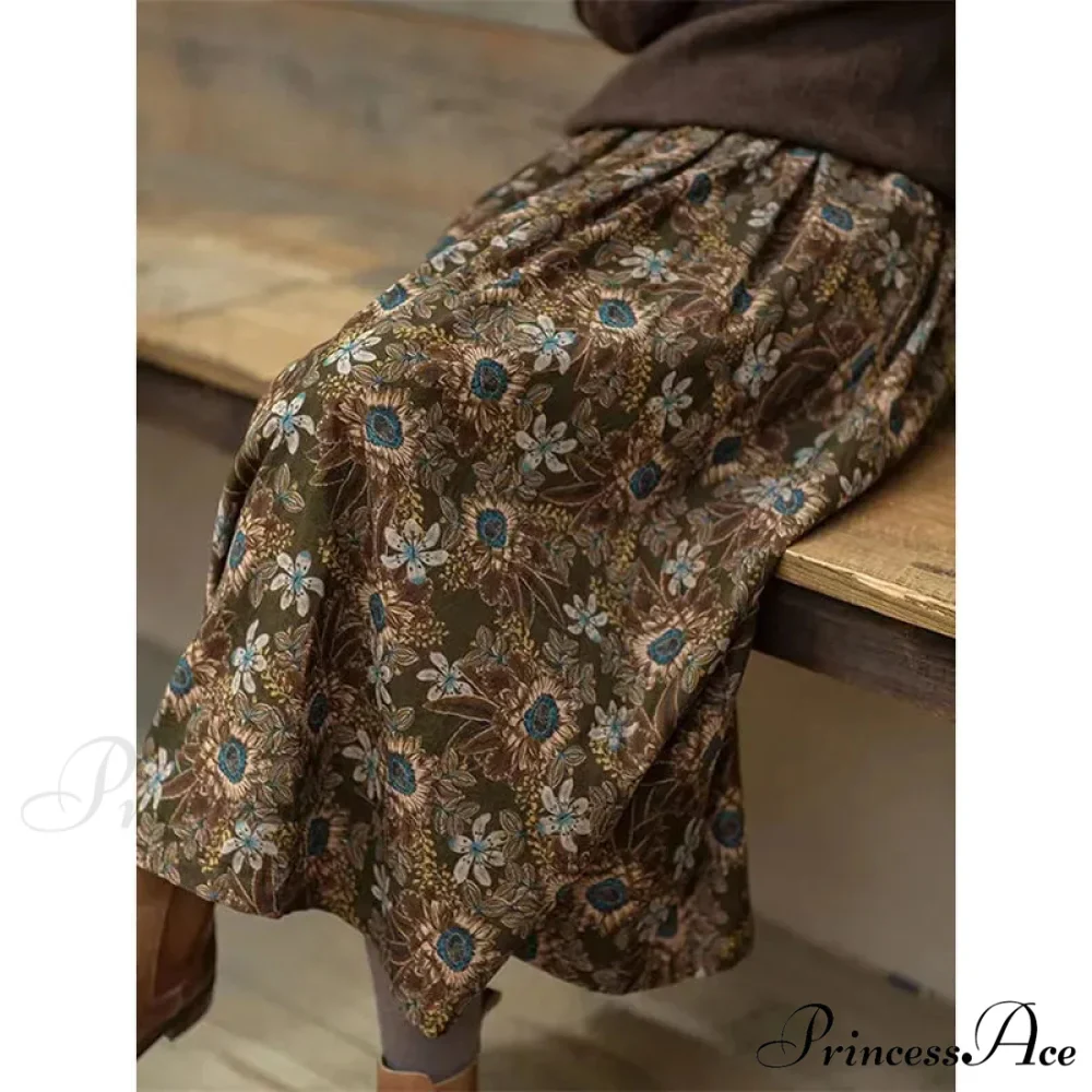Cotton Vintage Printed Mid-Long Flowy Skirt - Image 3