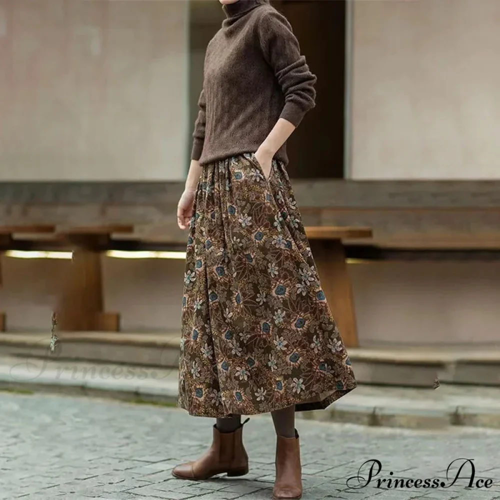Cotton Vintage Printed Mid-Long Flowy Skirt - Image 4