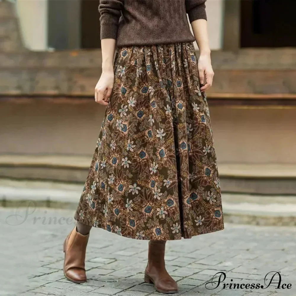 Cotton Vintage Printed Mid-Long Flowy Skirt - Image 5