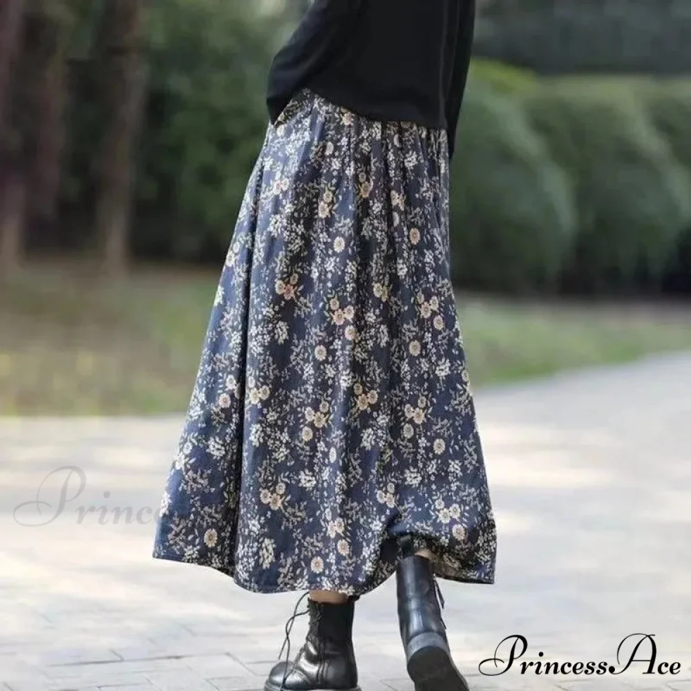 Cotton Vintage Printed Mid-Long Flowy Skirt - Image 7
