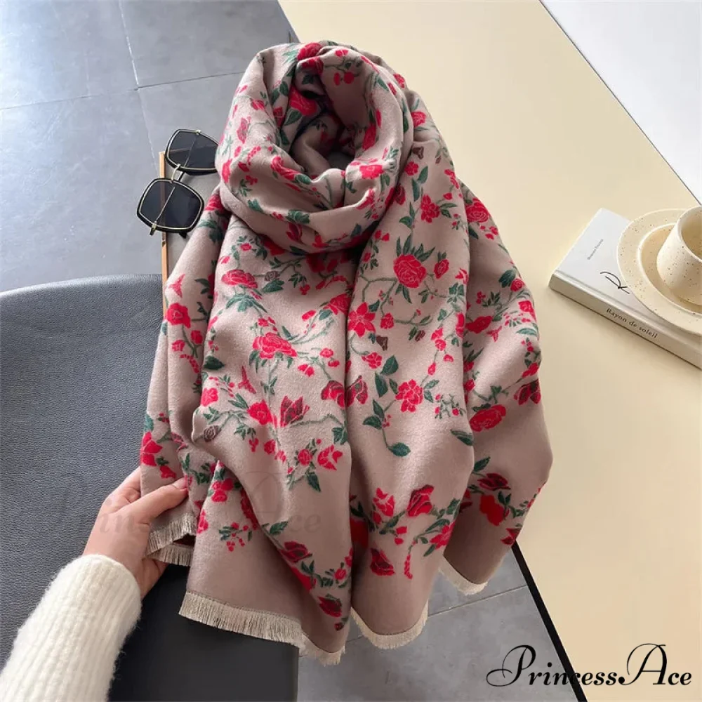 Cozy Wrap Blossom Pattern Cashmere Scarf - Image 5