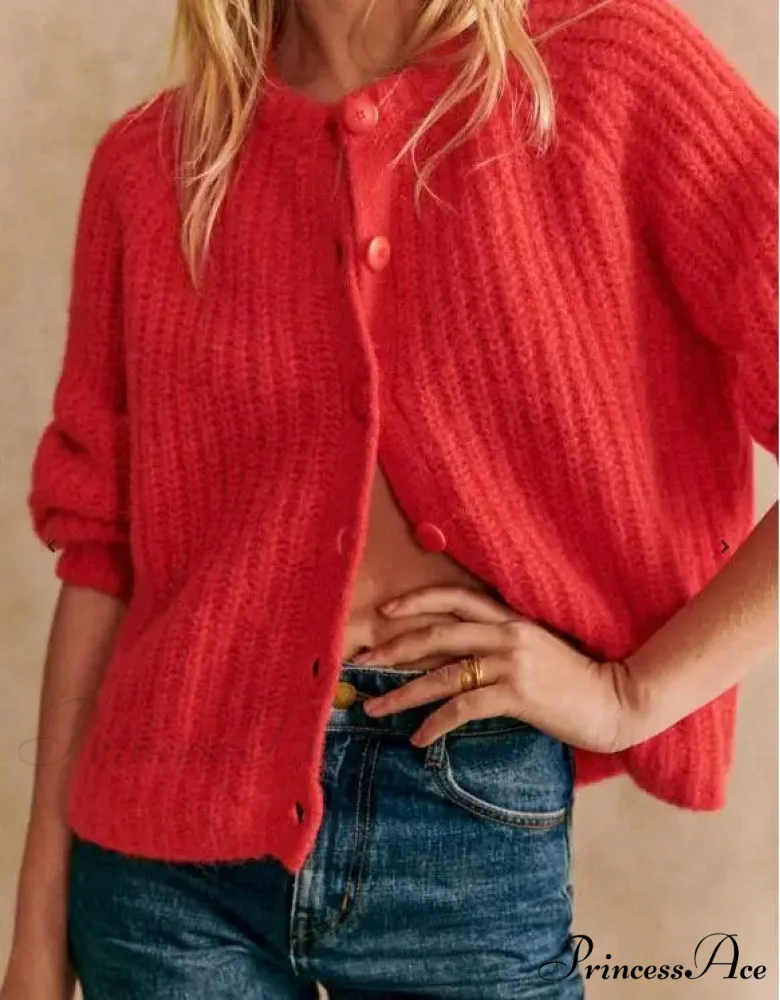 Crew Neck Button-Up Knit Cardigan - Image 6