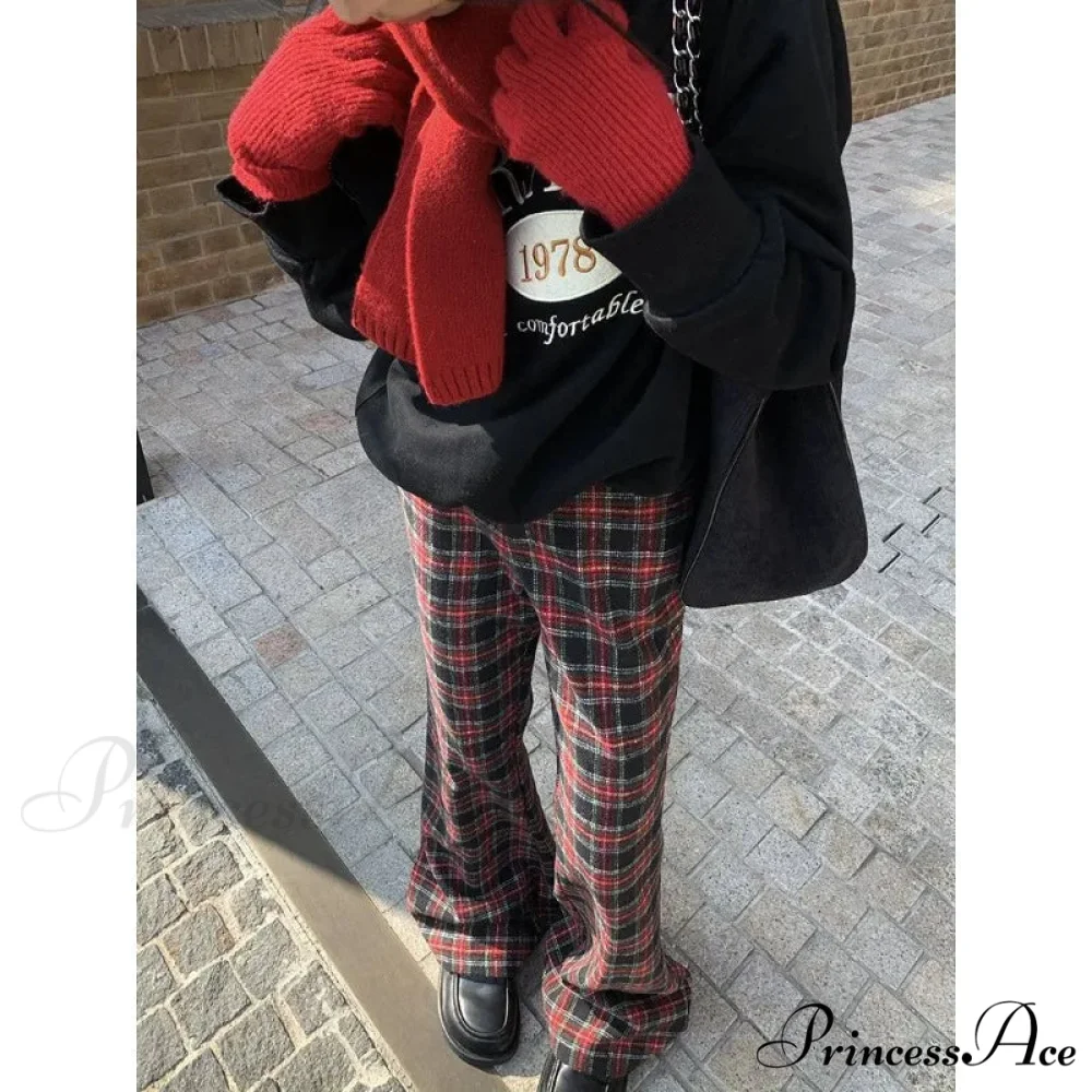 Crimson Checkered 2000s Women Broad Leg Trousers - Image 2