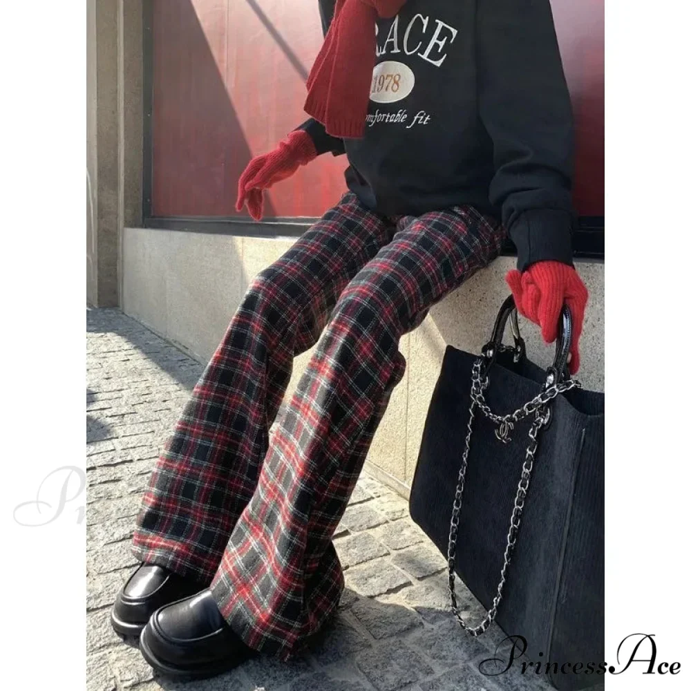Crimson Checkered 2000s Women Broad Leg Trousers - Image 3