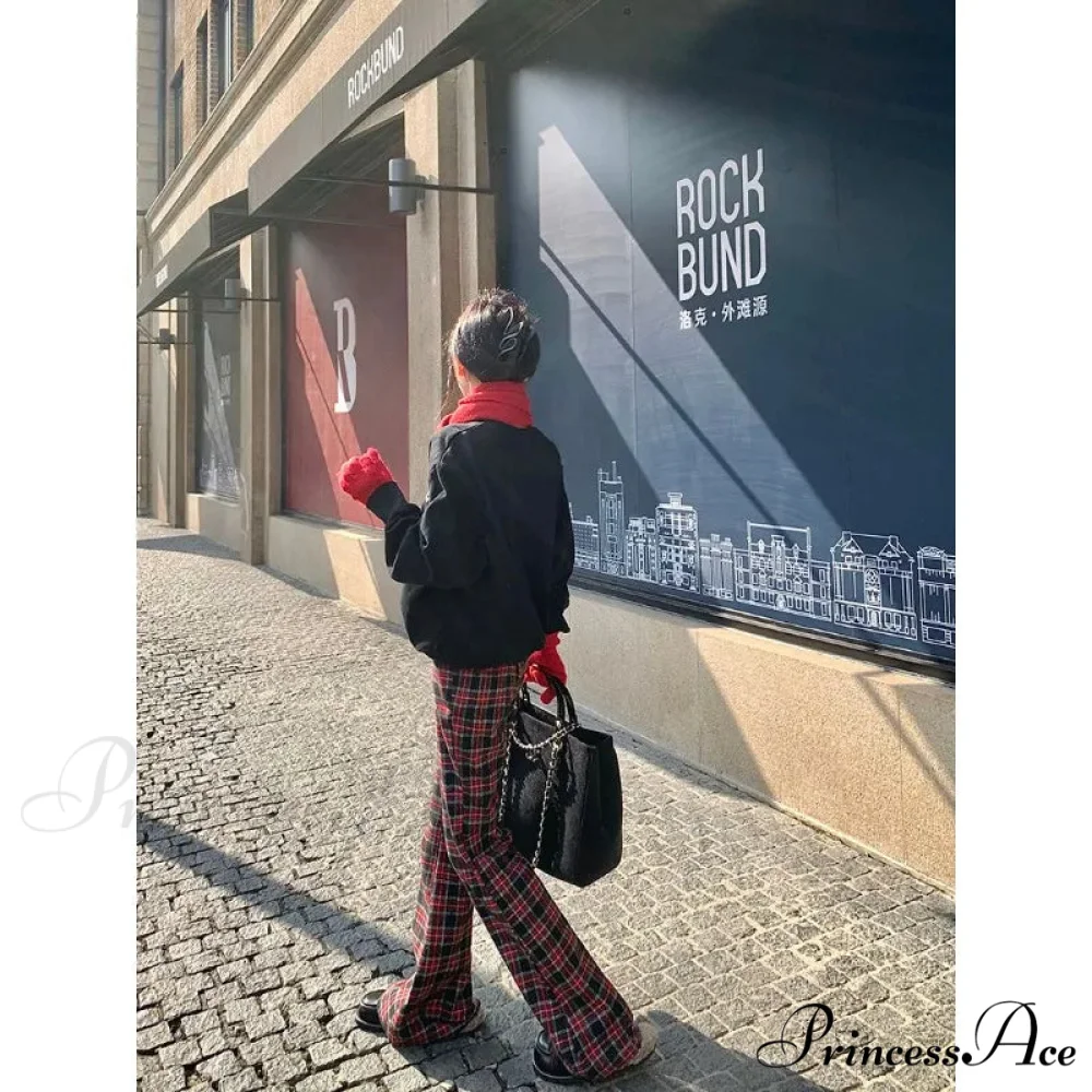 Crimson Checkered 2000s Women Broad Leg Trousers - Image 4