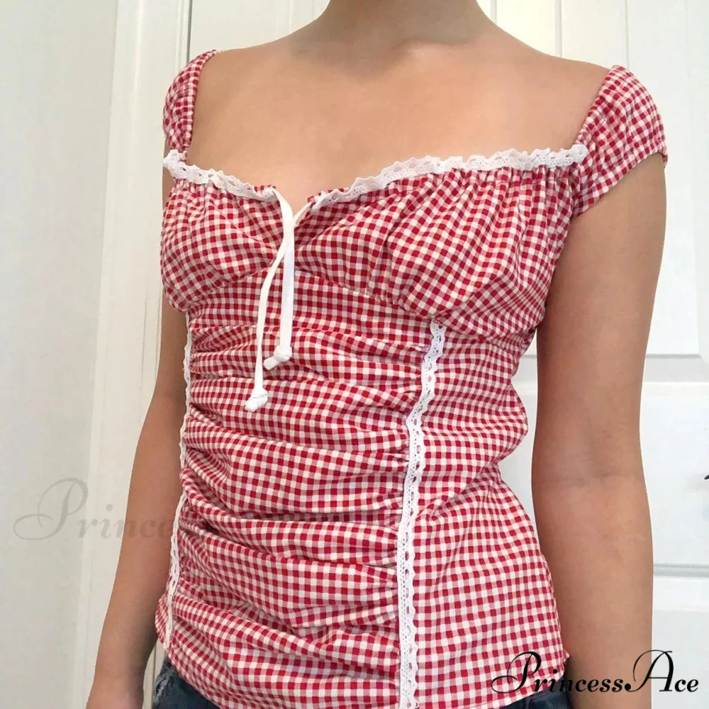 Crimson Checkered Frilled Crop Top - Image 2