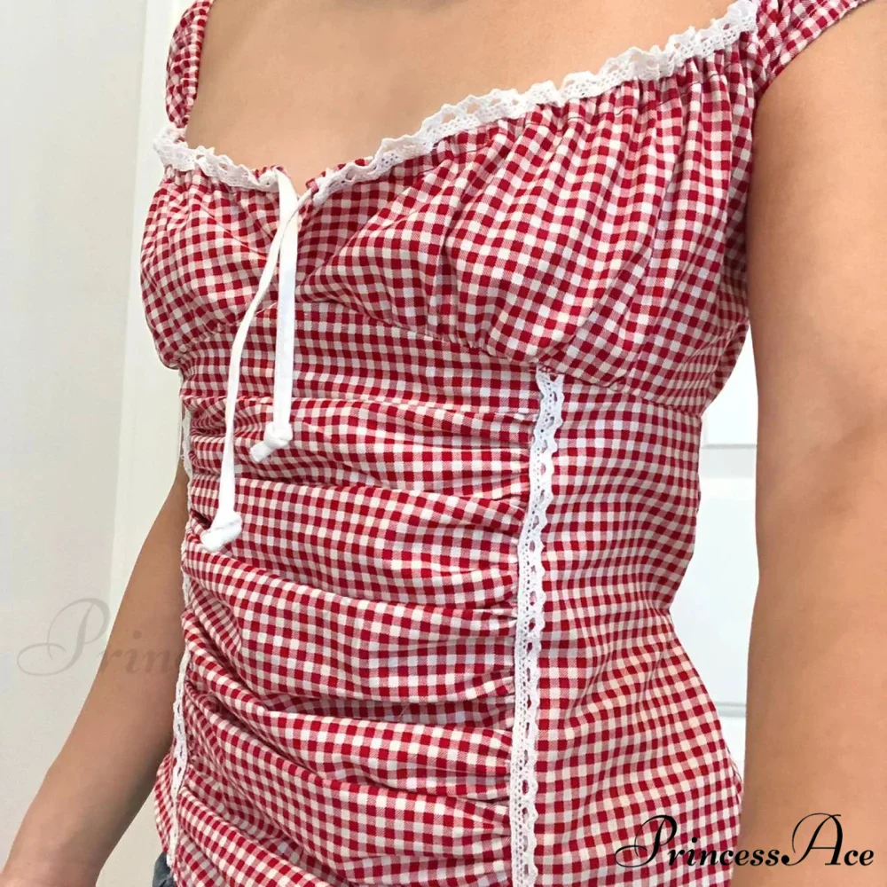 Crimson Checkered Frilled Crop Top - Image 3