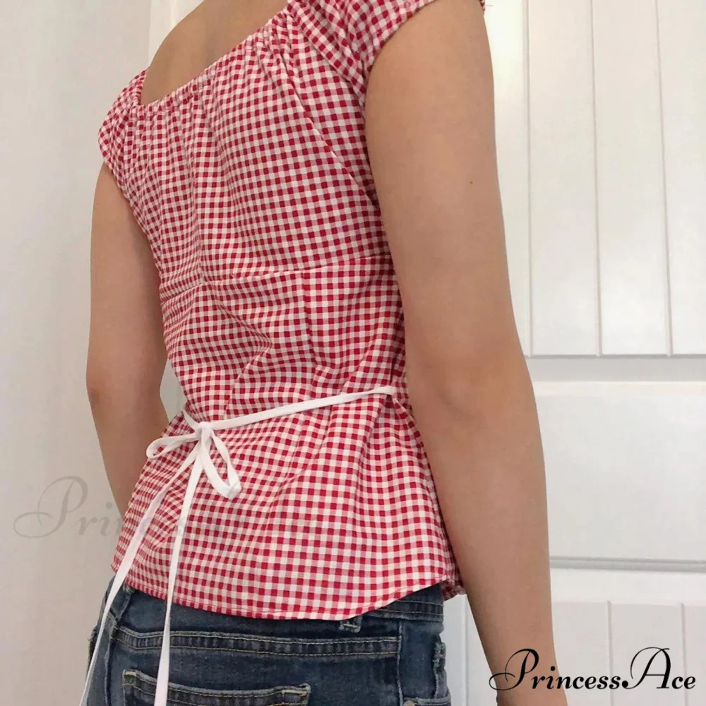 Crimson Checkered Frilled Crop Top - Image 4