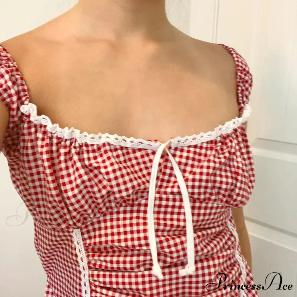 Crimson Checkered Frilled Crop Top - Image 5