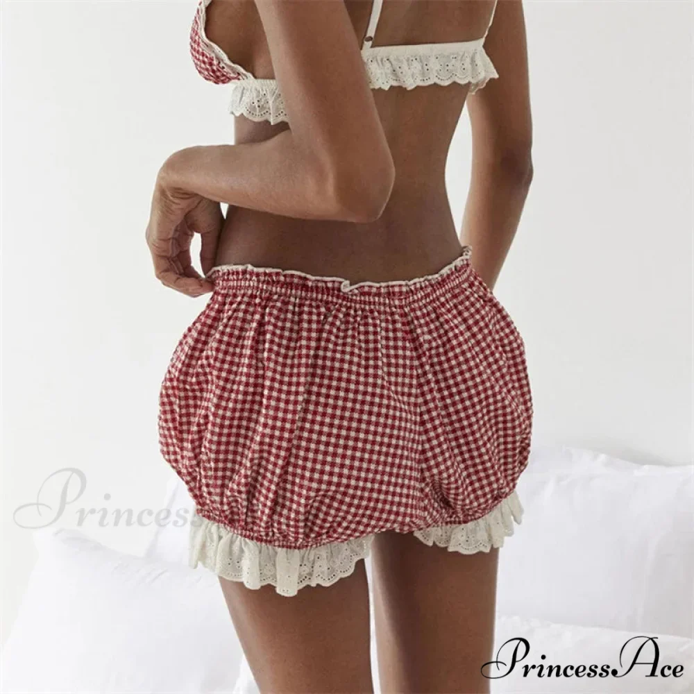 Crimson Checkered Lace Trim Bloomer Short - Image 3