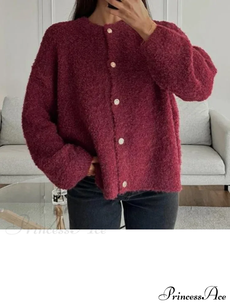Crimson Circular Neck Button Cardigan - Image 5