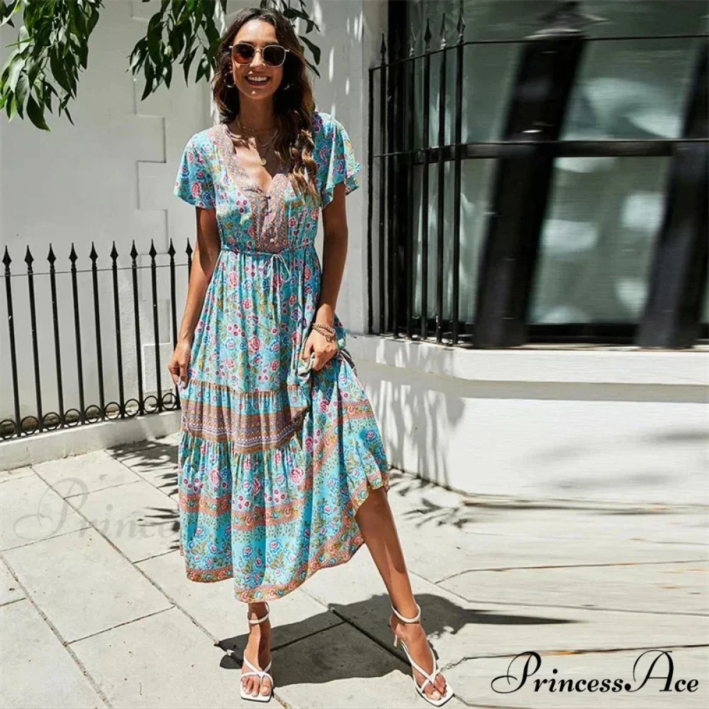 Crimson Flower Pattern Bat Sleeve Fringe V-neck Summer Boho Dress - Image 2
