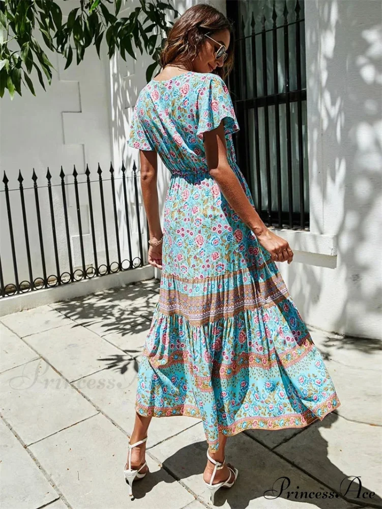 Crimson Flower Pattern Bat Sleeve Fringe V-neck Summer Boho Dress - Image 3