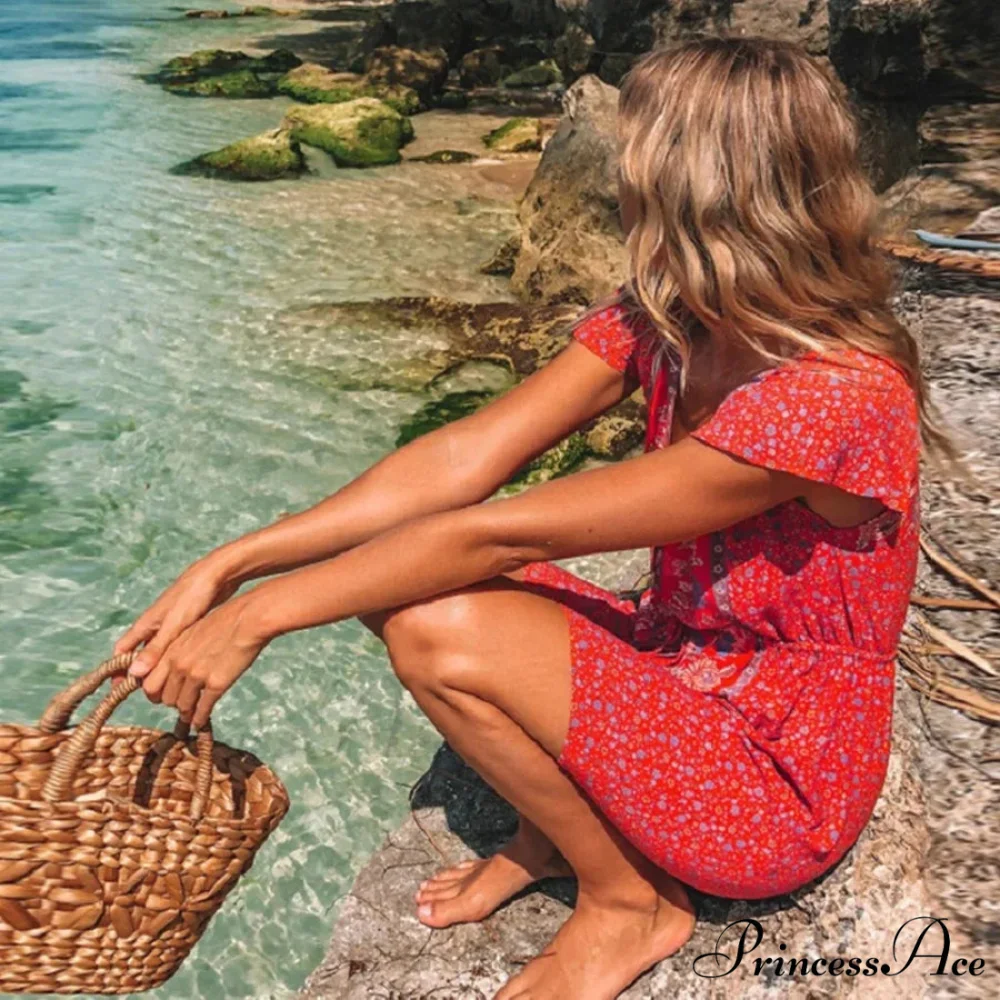 Crimson Flower Pattern Bohemian Short Dress - Image 2