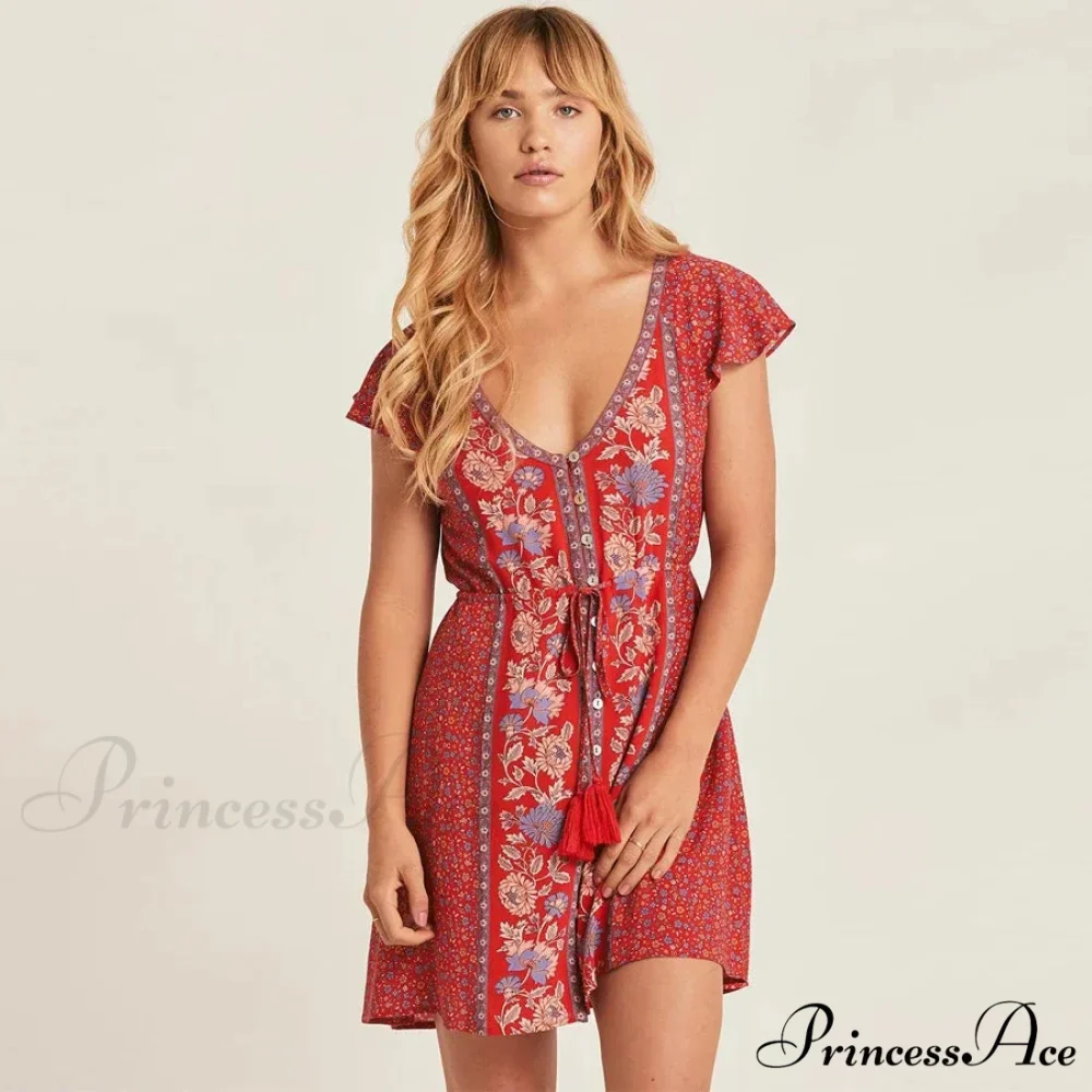 Crimson Flower Pattern Bohemian Short Dress - Image 3