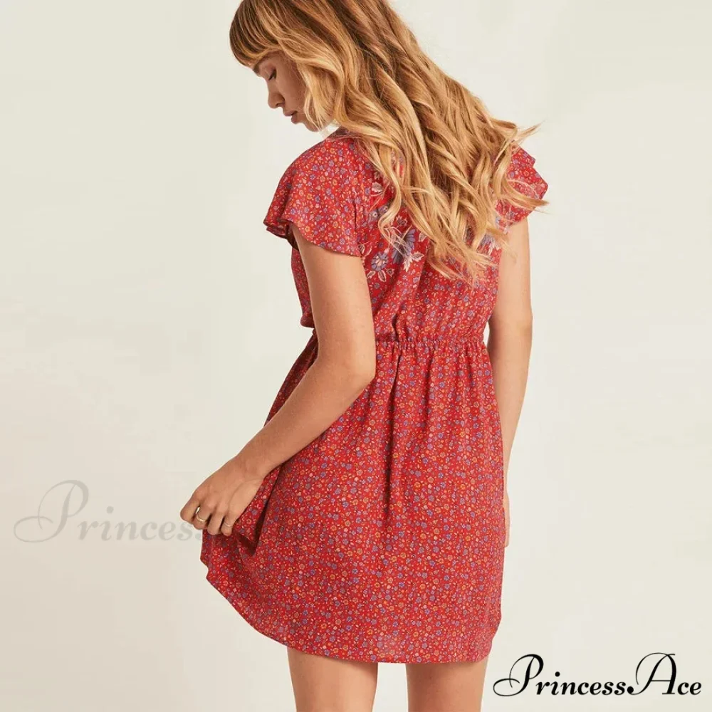Crimson Flower Pattern Bohemian Short Dress - Image 4